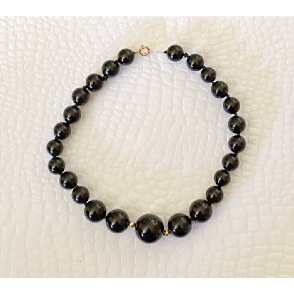 14k WW Bracelet Hong Kong Yellow Gold and Black Onyx Graduated Beaded 7.5 Inches